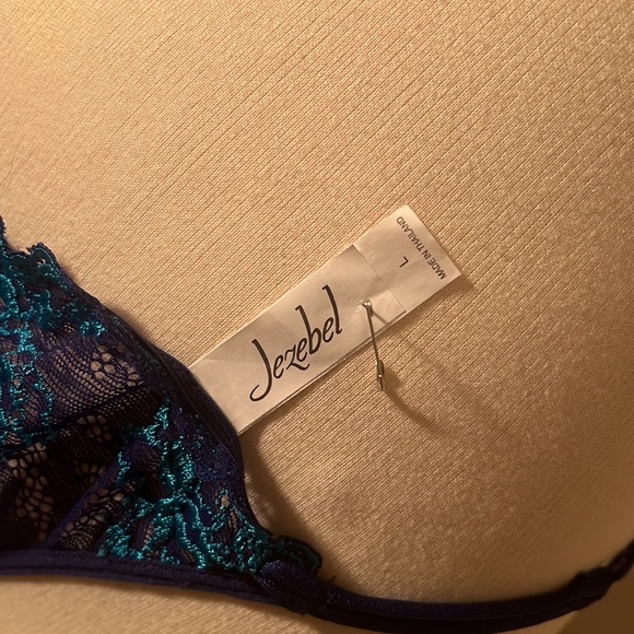 Jezebel lace bra thong set 36B L navy turquoise blue - Picture 6 of 7